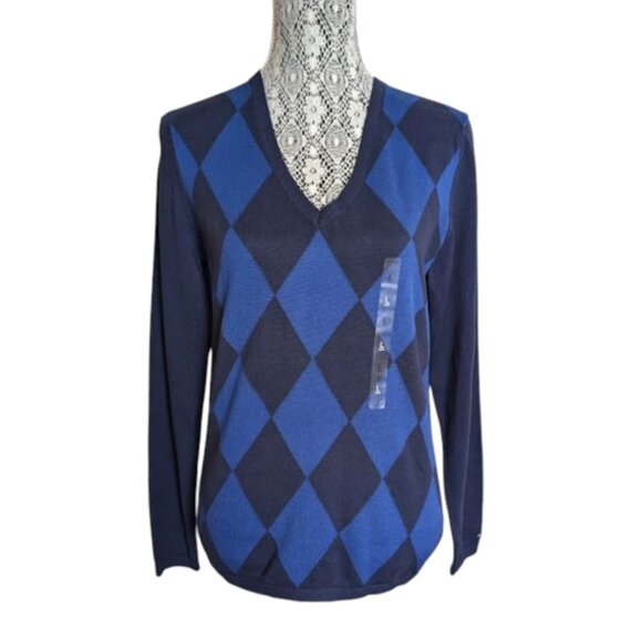2/$30 +$9.99 Ship Brand New Tommy Hilfiger Sweater Argyle Harlequin Blue V-Neck - Picture 1 of 3